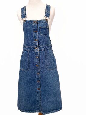 Women's Size M Blue Denim Jumper Strap Midi Dress First View